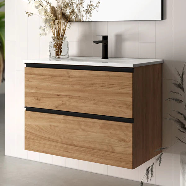 Lille 600mm Wall Hung Basin Unit with Matt Black Handles - Walnut