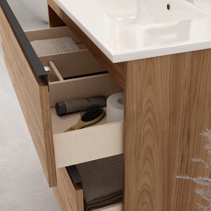 Lille 600mm Wall Hung Basin Unit with Matt Black Handles - Walnut