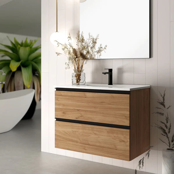 Lille 600mm Wall Hung Basin Unit with Matt Black Handles - Walnut