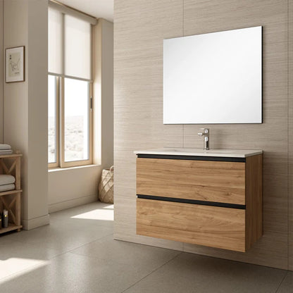 Lille 600mm Wall Hung Basin Unit with Matt Black Handles - Walnut