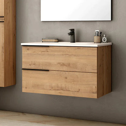 Marseille 1000mm Wall Hung Basin Units with Matt Black Handles - Ostippo Oak