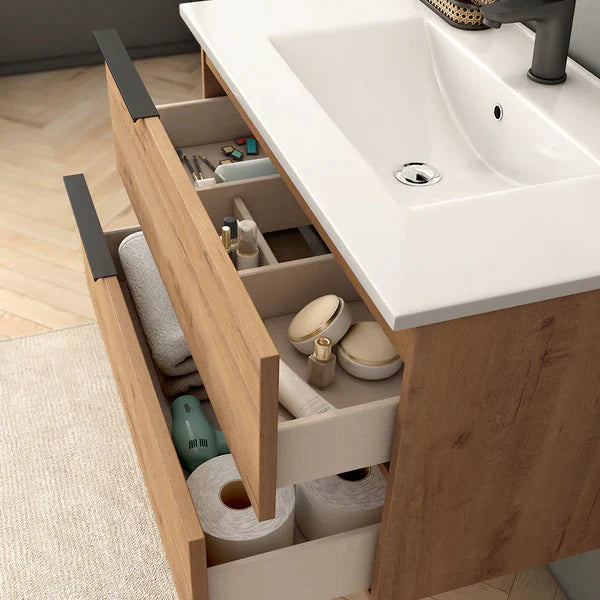 Marseille 1000mm Wall Hung Basin Units with Matt Black Handles - Ostippo Oak