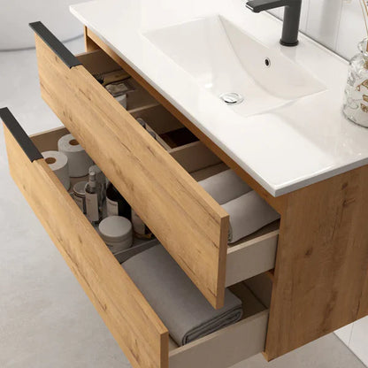 Marseille 800mm Wall Hung Basin Units with Matt Black Handles - Ostippo Oak