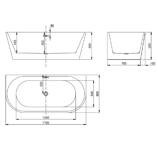 Rennes 1700 x 800 Back to Wall Freestanding Acrylic Bath - White