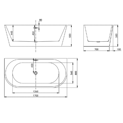 Rennes 1700 x 800 Back to Wall Freestanding Acrylic Bath - White