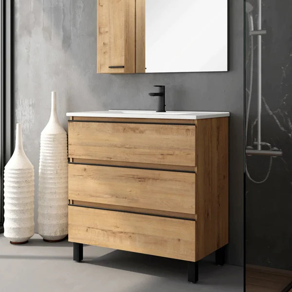 Rome1000mm Floorstanding Basin Unit with Matt Black Handles - Ostippo Oak