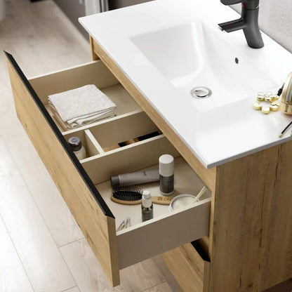 Rome1000mm Wall Hung Basin Units with Matt Black Handles - Ostippo Oak