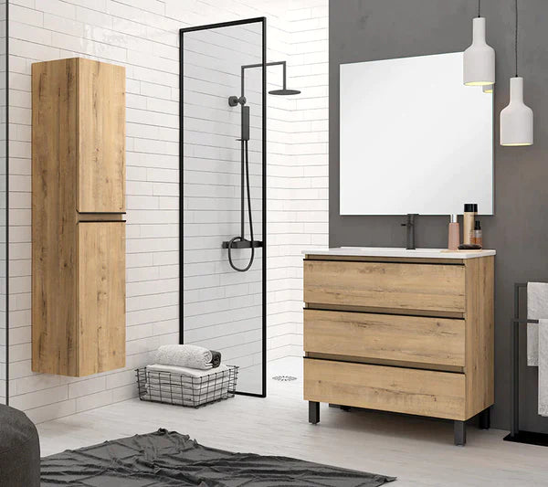 Rome 600mm Wall Hung Basin Units with Matt Black Handles - Ostippo Oak